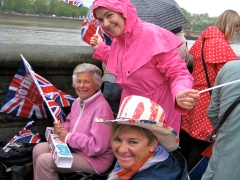 3 generations celebrating Queen Elizabeth II's Diamond Jubilee. on the Chelsea Embankment for the Royal Pageant June 4th 2012